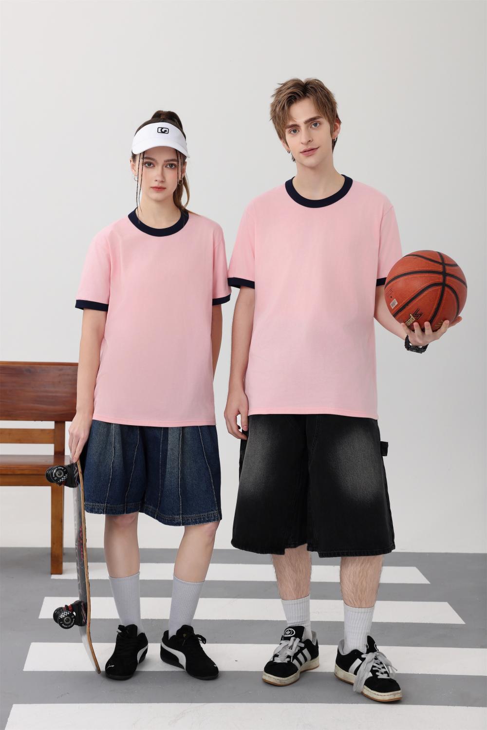 Cross-border trendy neckline color-blocking round neck 200g/㎡ short-sleeved T-shirt, trendy men's and women's same style clothing, men's short-sleeved trendy simple and fashionable T-shirt, casual and comfortable new style is now available detail image 14