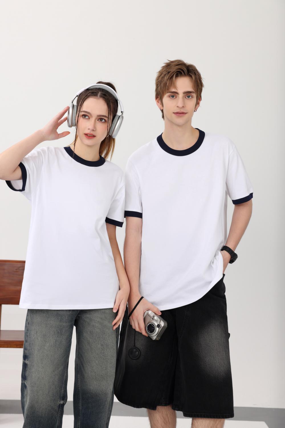 Cross-border trendy neckline color-blocking round neck 200g/㎡ short-sleeved T-shirt, trendy men's and women's same style clothing, men's short-sleeved trendy simple and fashionable T-shirt, casual and comfortable new style is now available detail image 11