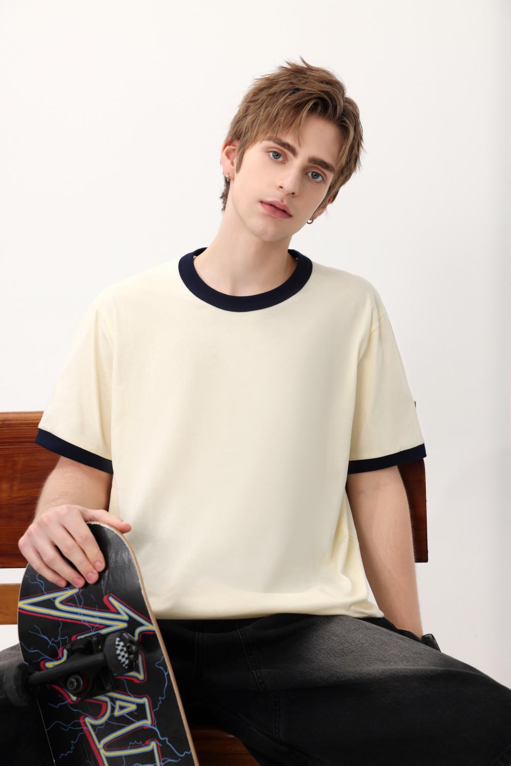 Cross-border trendy neckline color-blocking round neck 200g/㎡ short-sleeved T-shirt, trendy men's and women's same style clothing, men's short-sleeved trendy simple and fashionable T-shirt, casual and comfortable new style is now available detail image 12
