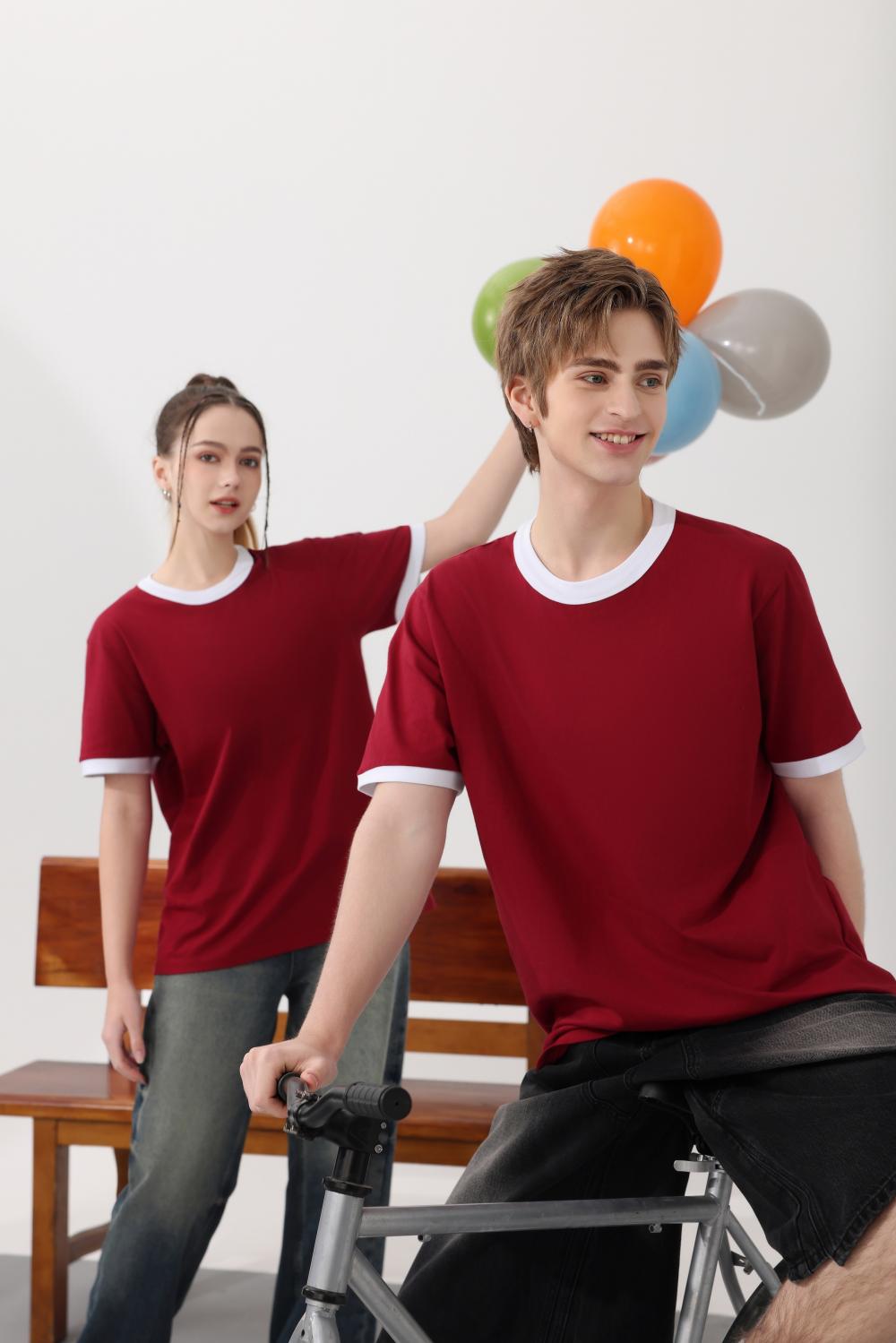 Cross-border trendy neckline color-blocking round neck 200g/㎡ short-sleeved T-shirt, trendy men's and women's same style clothing, men's short-sleeved trendy simple and fashionable T-shirt, casual and comfortable new style is now available detail image 9