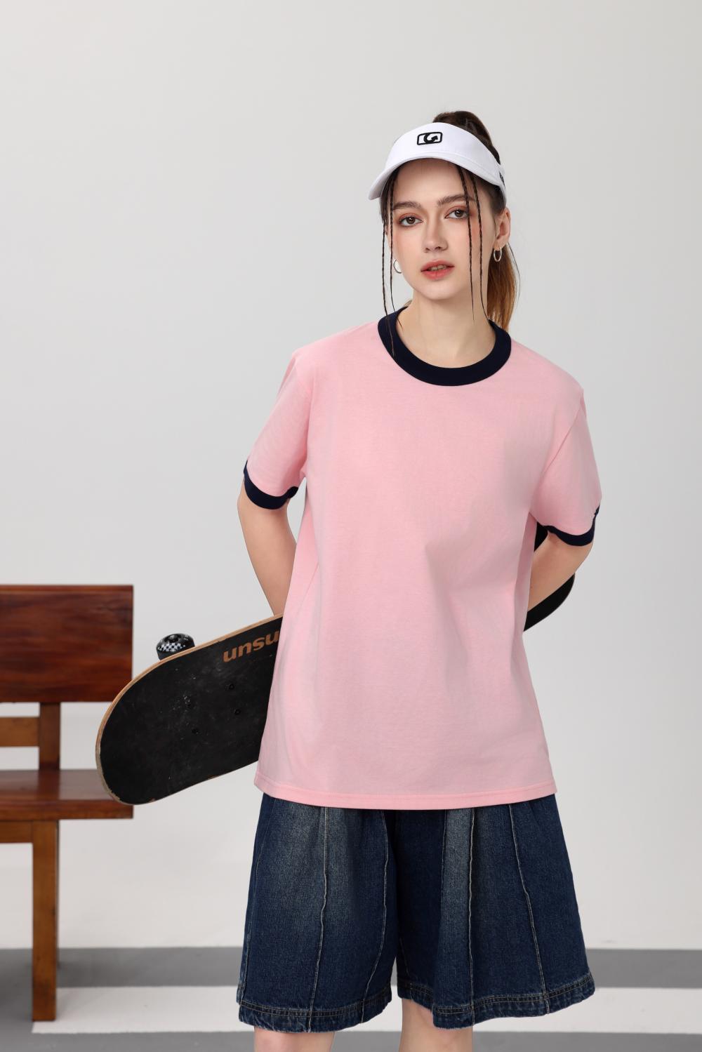 Cross-border trendy neckline color-blocking round neck 200g/㎡ short-sleeved T-shirt, trendy men's and women's same style clothing, men's short-sleeved trendy simple and fashionable T-shirt, casual and comfortable new style is now available detail image 15