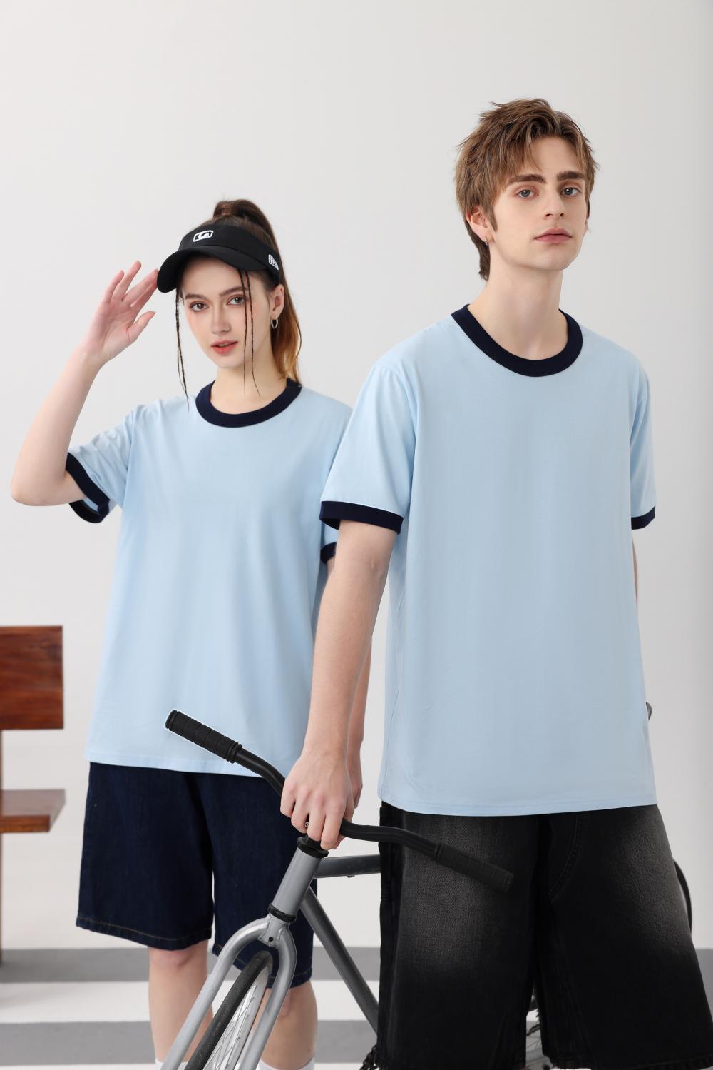 Cross-border trendy neckline color-blocking round neck 200g/㎡ short-sleeved T-shirt, trendy men's and women's same style clothing, men's short-sleeved trendy simple and fashionable T-shirt, casual and comfortable new style is now available Specification image