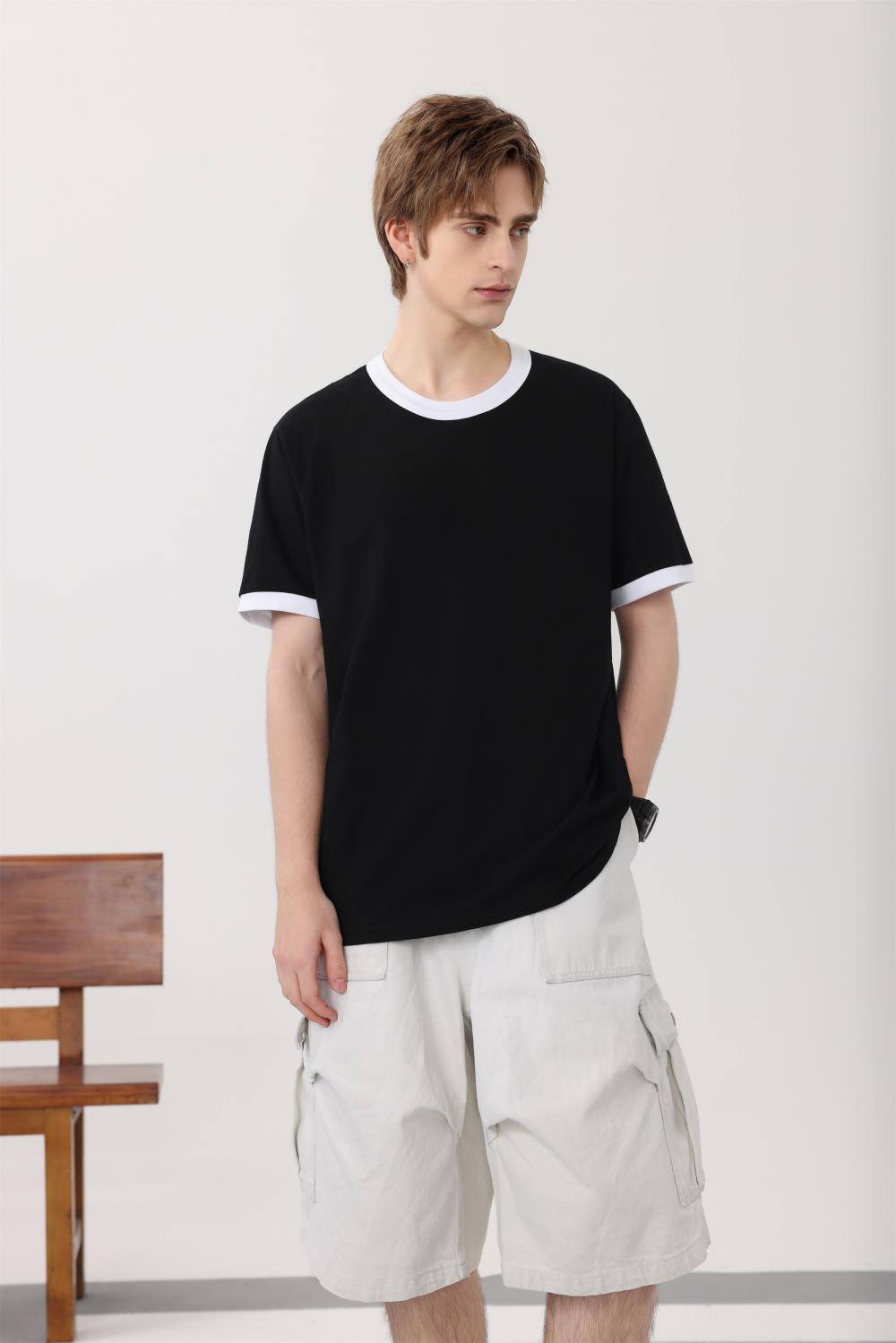 Cross-border trendy neckline color-blocking round neck 200g/㎡ short-sleeved T-shirt, trendy men's and women's same style clothing, men's short-sleeved trendy simple and fashionable T-shirt, casual and comfortable new style is now available detail image 17