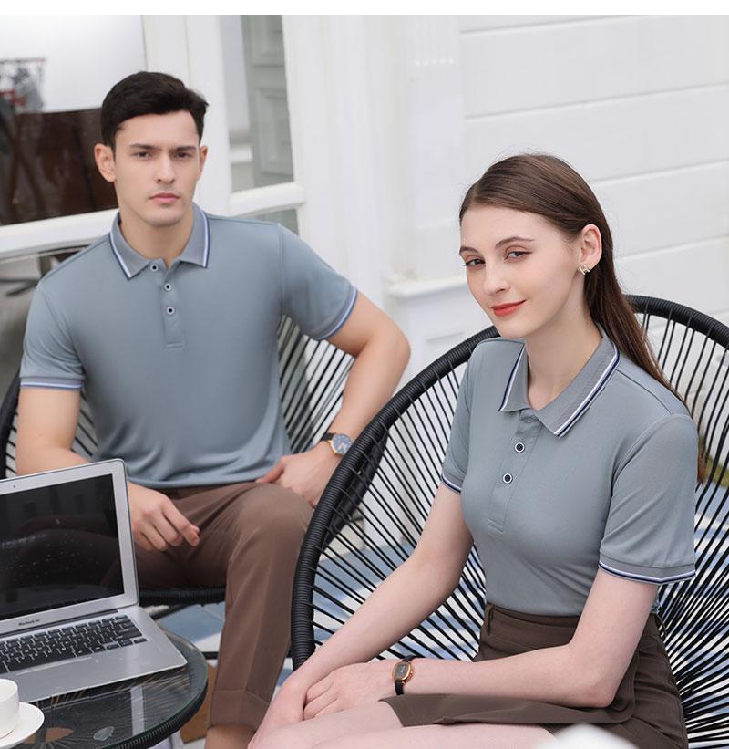 Cross-border LM double-stripe high-quality imitation cotton ice silk fiber new short-sleeved lapel polo for both men and women, fashionable and casual polo for both men and women, simple and comfortable short-sleeved trendy polo detail image 7