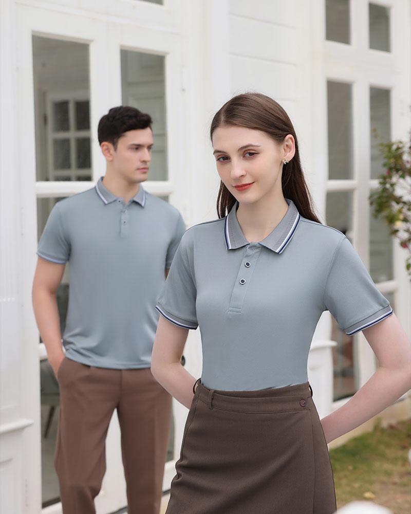 Cross-border LM double-stripe high-quality imitation cotton ice silk fiber new short-sleeved lapel polo for both men and women, fashionable and casual polo for both men and women, simple and comfortable short-sleeved trendy polo detail image 16