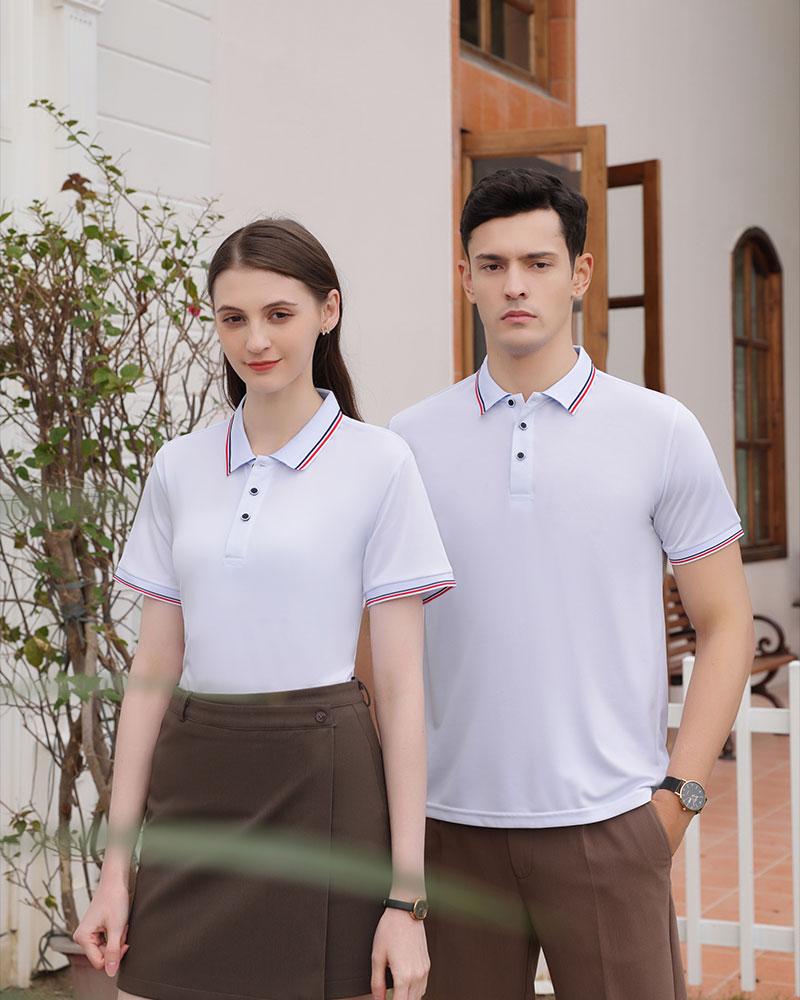 Cross-border LM double-stripe high-quality imitation cotton ice silk fiber new short-sleeved lapel polo for both men and women, fashionable and casual polo for both men and women, simple and comfortable short-sleeved trendy polo Specification image