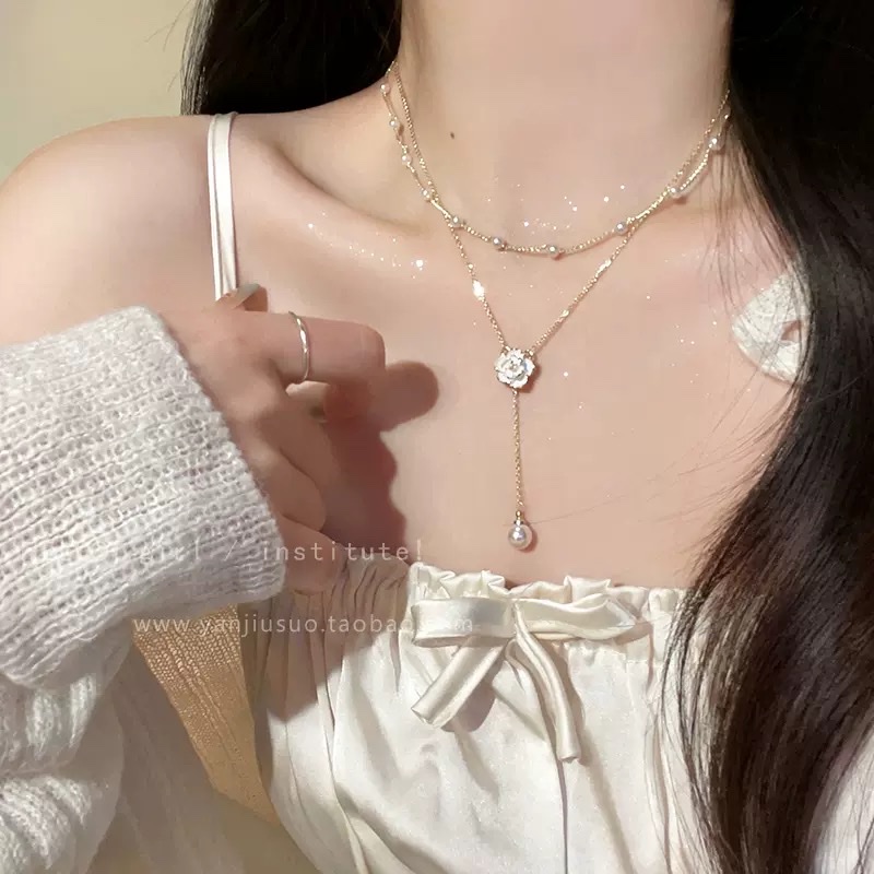 双层流苏珍珠项链女款2025新款山茶花锁骨链轻奢高级感脖颈链配饰项链珍珠淡水珍珠珍珠项链品质项链1件起批品质项链1件起批