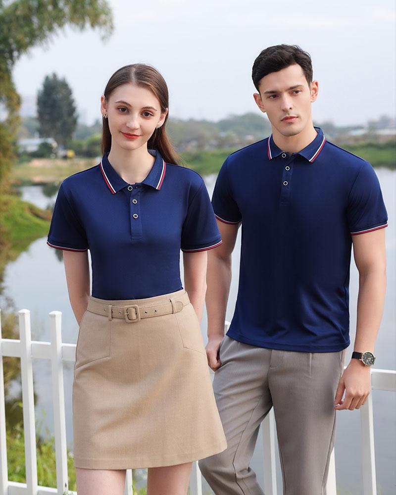 Cross-border LM double-stripe high-quality imitation cotton ice silk fiber new short-sleeved lapel polo for both men and women, fashionable and casual polo for both men and women, simple and comfortable short-sleeved trendy polo details Picture