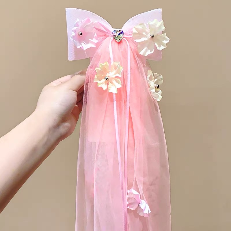 儿童头纱女童公主裙蝴蝶结头饰生日发夹宝宝花童发饰女孩发卡婚纱发夹抓夹头饰儿童发夹