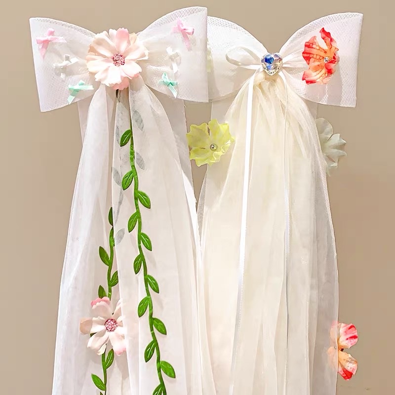 儿童头纱女童公主裙蝴蝶结头饰生日发夹宝宝花童发饰女孩发卡婚纱发夹抓夹头饰儿童发夹白底实物图