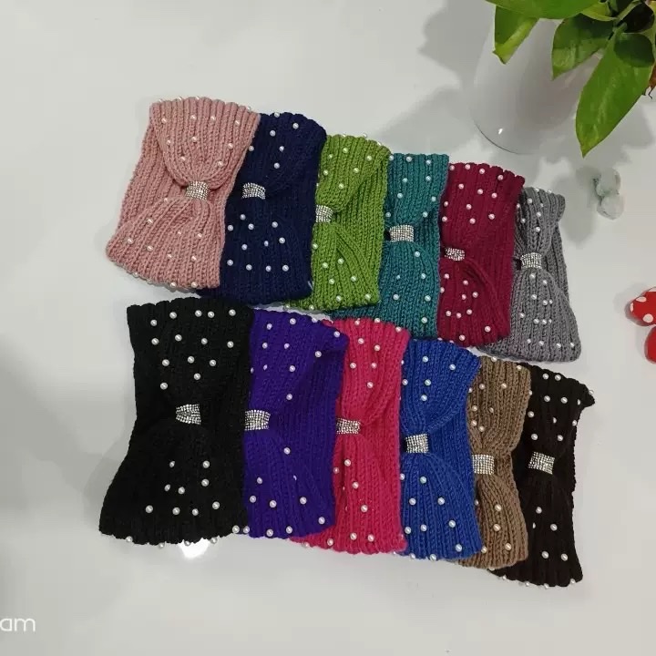 跨境珍珠毛线交叉发带保暖护耳头带针织束发带瑜伽发饰洗脸宽头套头饰