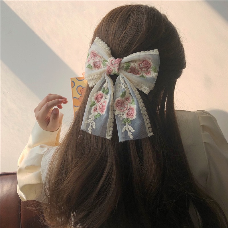 Super fairy-like French embroidered ribbon bow hair clip, forest-style girl lace flower spring clip hair accessory for the back of the head detail image 2