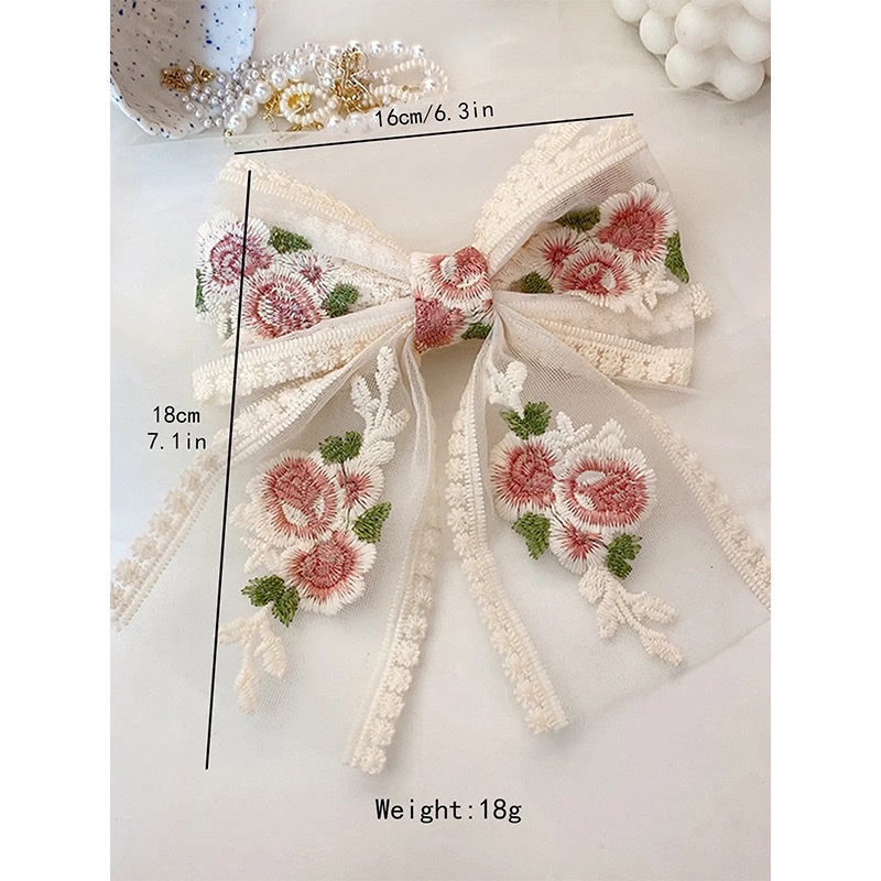 超仙法式绣花飘带蝴蝶结发夹森系少女蕾丝花朵弹簧夹后脑勺发饰