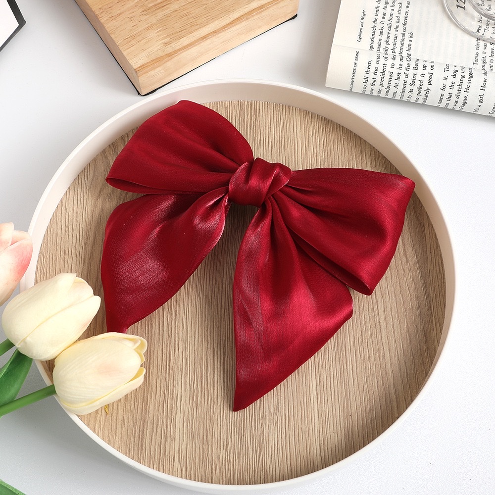 Korean style fashionable and bright organza bow spring clip, high-end fabric red versatile classic hair clip detail image 2