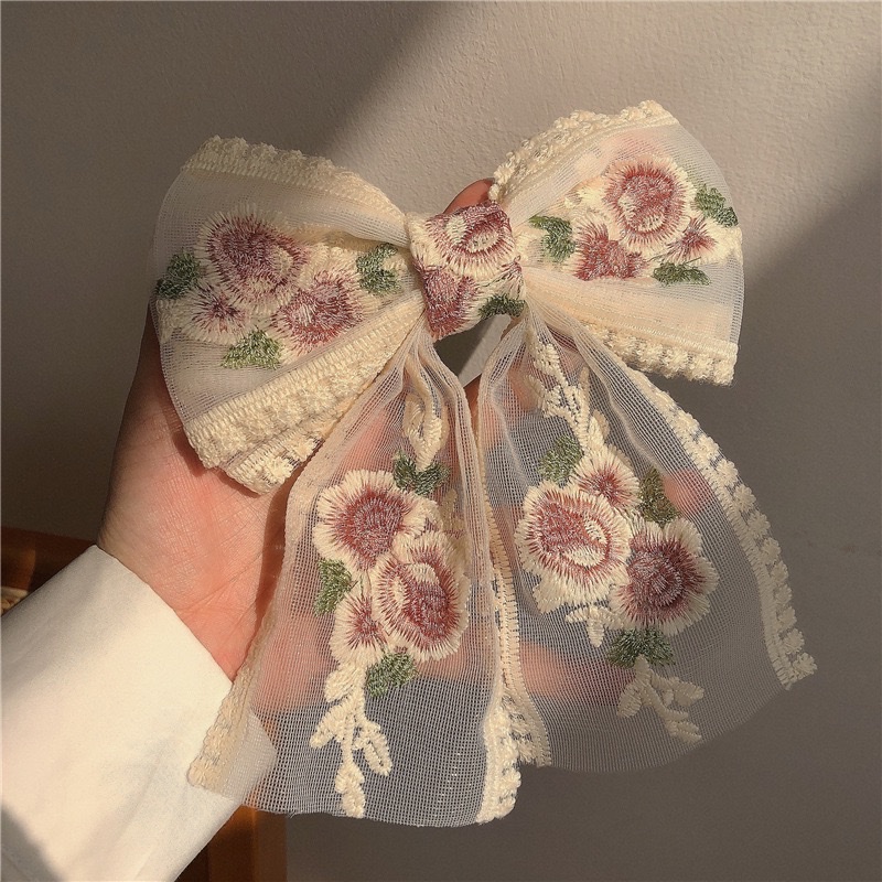Super fairy-like French embroidered ribbon bow hair clip, forest-style girl lace flower spring clip hair accessory for the back of the head detail image 4