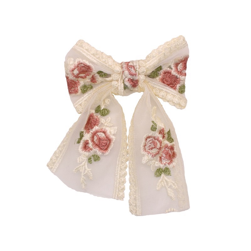 Super fairy-like French embroidered ribbon bow hair clip, forest-style girl lace flower spring clip hair accessory for the back of the head details Picture