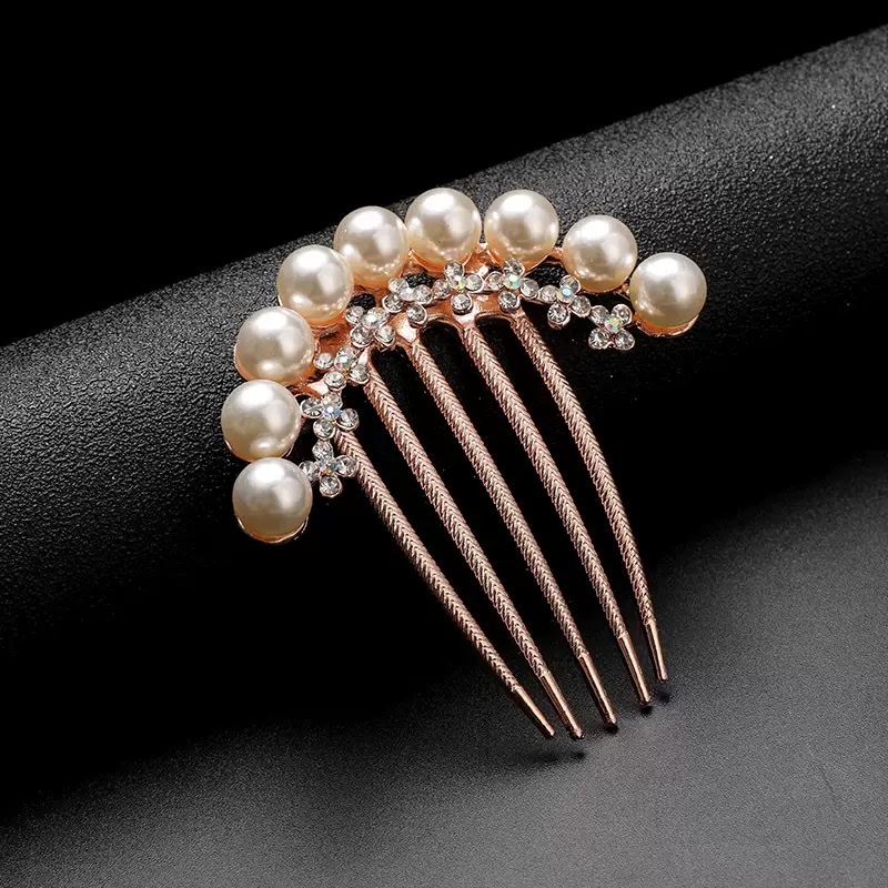 韩国发饰水钻珍珠蝴蝶结发梳头饰品流行女五齿盘发插梳