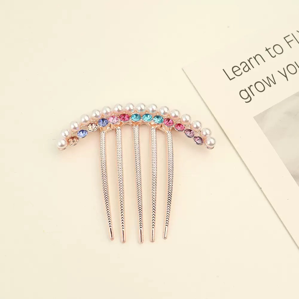 韩国发饰水钻珍珠蝴蝶结发梳头饰品流行女五齿插梳