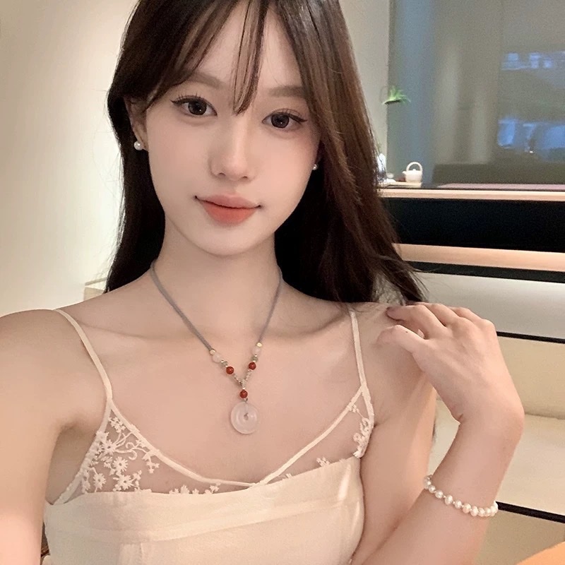 New Chinese-style red agate bead handmade necklace, 25mm agate peace pendant, sweater chain rope, sweet best friend gift detail image 3