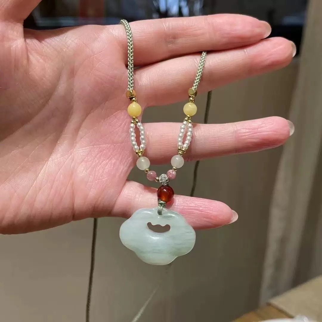High-end Tianshan Jade Auspicious Cloud Ruyi Lock Necklace, women's woven rope pendant, New Chinese ancient style collarbone chain, 2025 new style Specification image