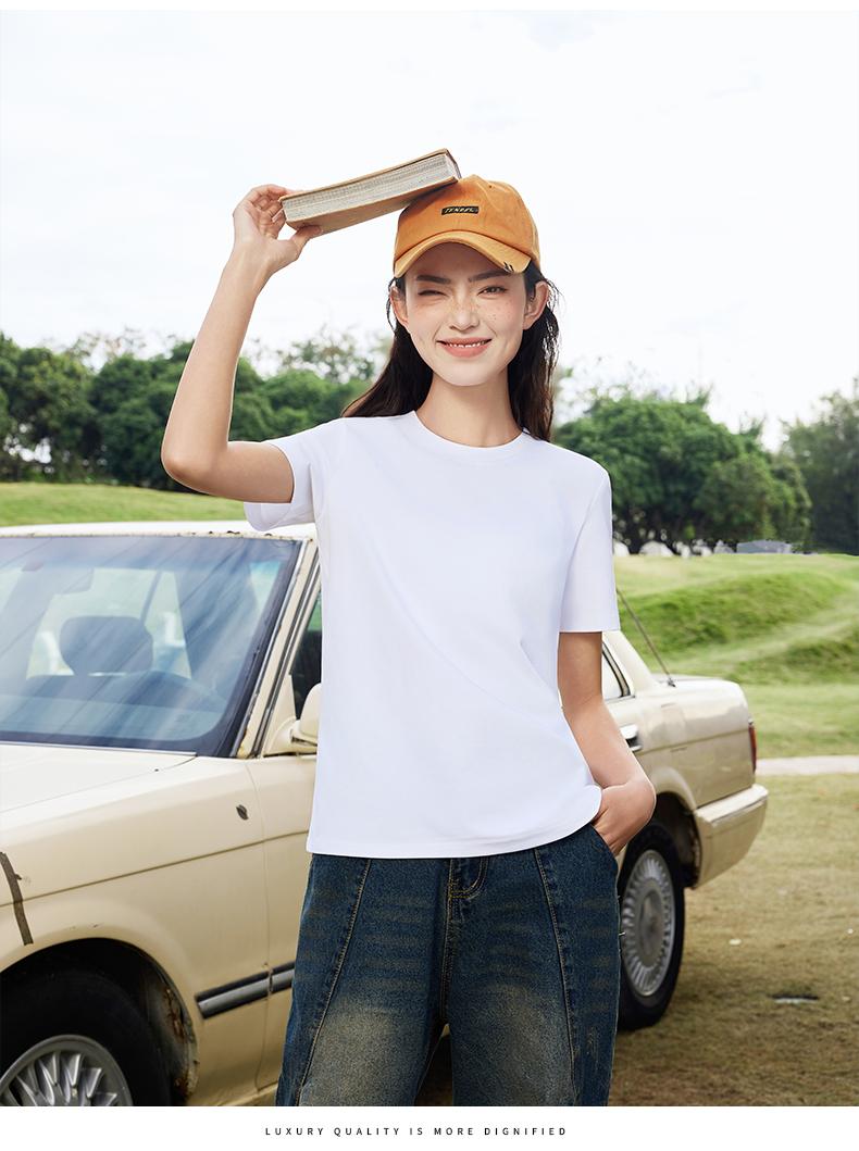 Cross-border Solona trendy brand round-neck T-shirt 260g/㎡ Women's new short-sleeved T-shirt with a cinched waist design. Women's trendy clothes, fashionable and casual women's T-shirt, simple and comfortable short-sleeved trendy T-shirt Item Picture