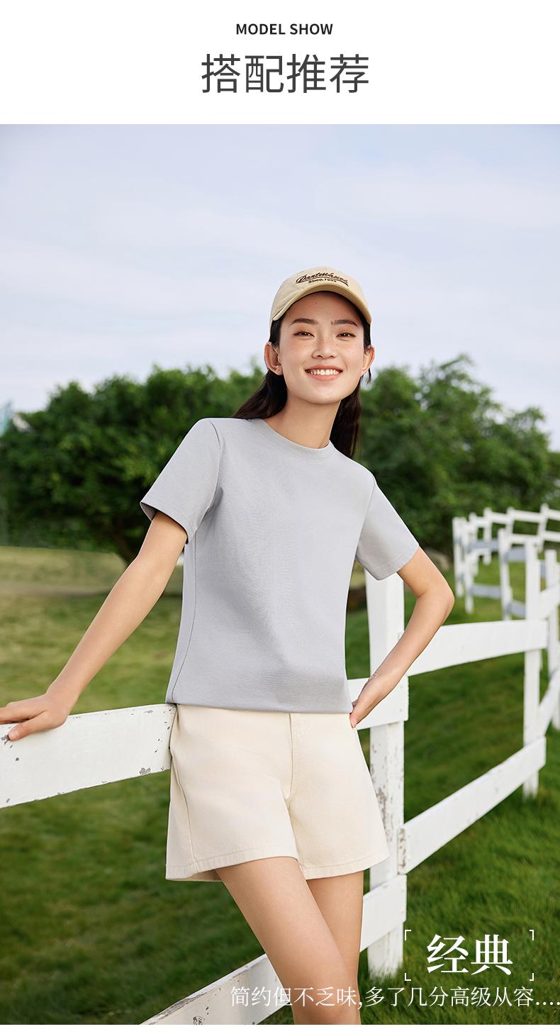 Cross-border Solona trendy brand round-neck T-shirt 260g/㎡ Women's new short-sleeved T-shirt with a cinched waist design. Women's trendy clothes, fashionable and casual women's T-shirt, simple and comfortable short-sleeved trendy T-shirt Specification image