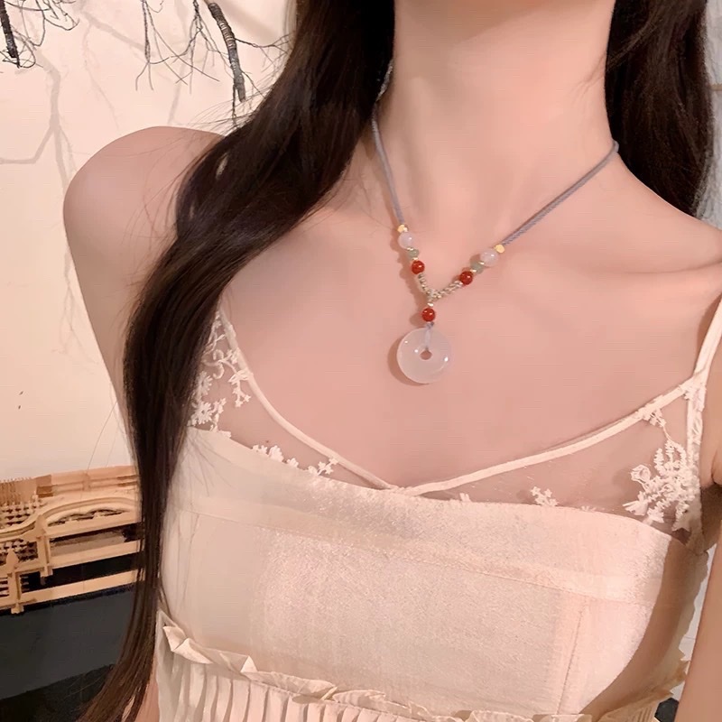 New Chinese-style red agate bead handmade necklace, 25mm agate peace pendant, sweater chain rope, sweet best friend gift detail image 7