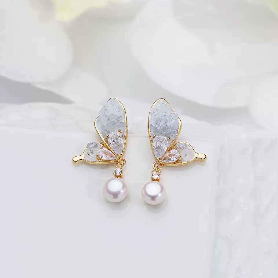雅思比黛碎碎冰晶天然淡水珍珠耳钉女S925银针渐变色耳环高级感新款耳饰