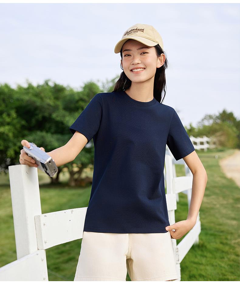 Cross-border Solona trendy brand round-neck T-shirt 260g/㎡ Women's new short-sleeved T-shirt with a cinched waist design. Women's trendy clothes, fashionable and casual women's T-shirt, simple and comfortable short-sleeved trendy T-shirt details Picture