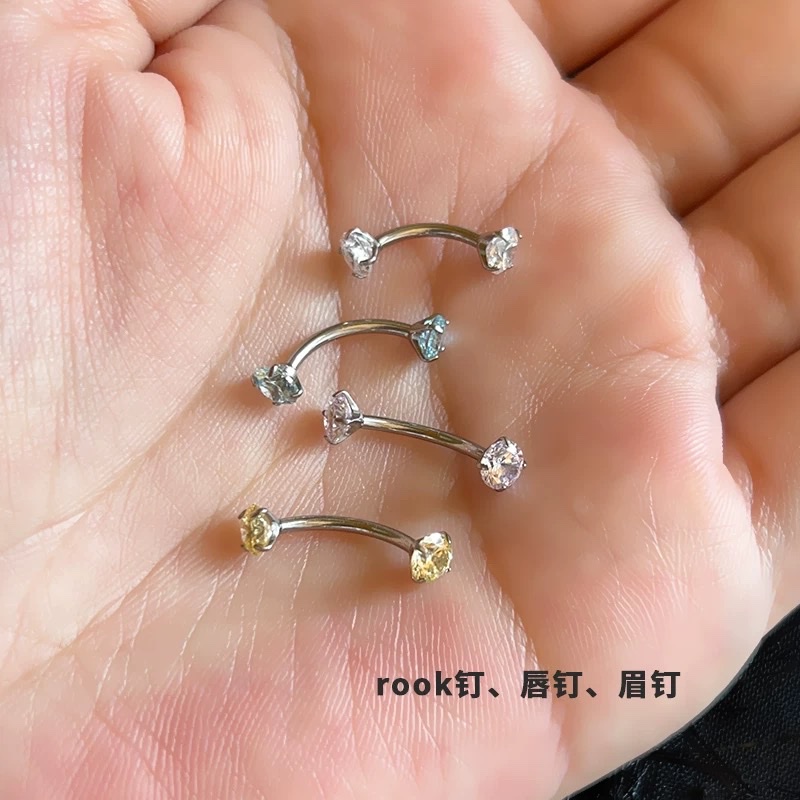 F136植入级钛合金rook耳钉医用弯杆华子双钻眉钉唇钉内螺纹防过敏