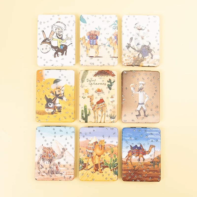 Mini mirror with Xinjiang ethnic style, women's portable makeup mirror, small, cute, portable, foldable, handheld, double-sided Xinjiang pattern museum, ethnic style, almond wood pattern mirror, portable makeup mirror, cute, portable, foldable, Xinjiang ethnic detail image 5