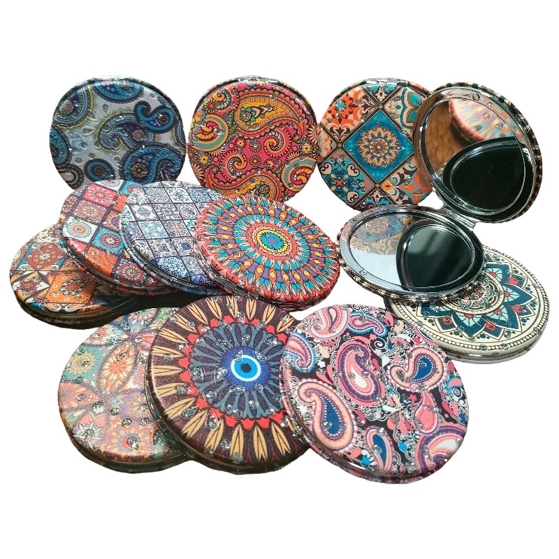 Mini mirror with Xinjiang ethnic style, women's portable makeup mirror, small, cute, portable, foldable, handheld, double-sided Xinjiang pattern museum, ethnic style, almond wood pattern mirror, portable makeup mirror, cute, portable, foldable, Xinjiang ethnic detail image 13