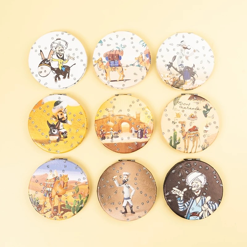 Mini mirror with Xinjiang ethnic style, women's portable makeup mirror, small, cute, portable, foldable, handheld, double-sided Xinjiang pattern museum, ethnic style, almond wood pattern mirror, portable makeup mirror, cute, portable, foldable, Xinjiang ethnic detail image 4
