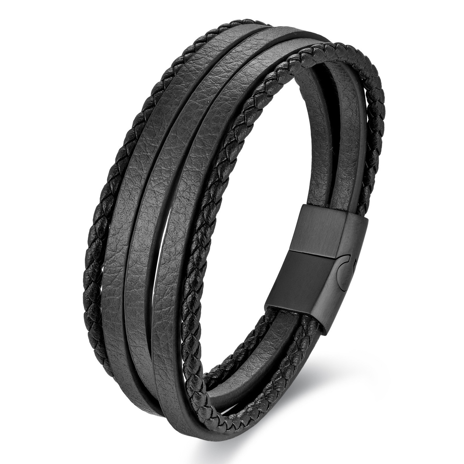 Cross-border simple and retro brown leather rope woven leather bracelet, European and American ethnic style magnetic clasp men's bracelet wholesale Specification image