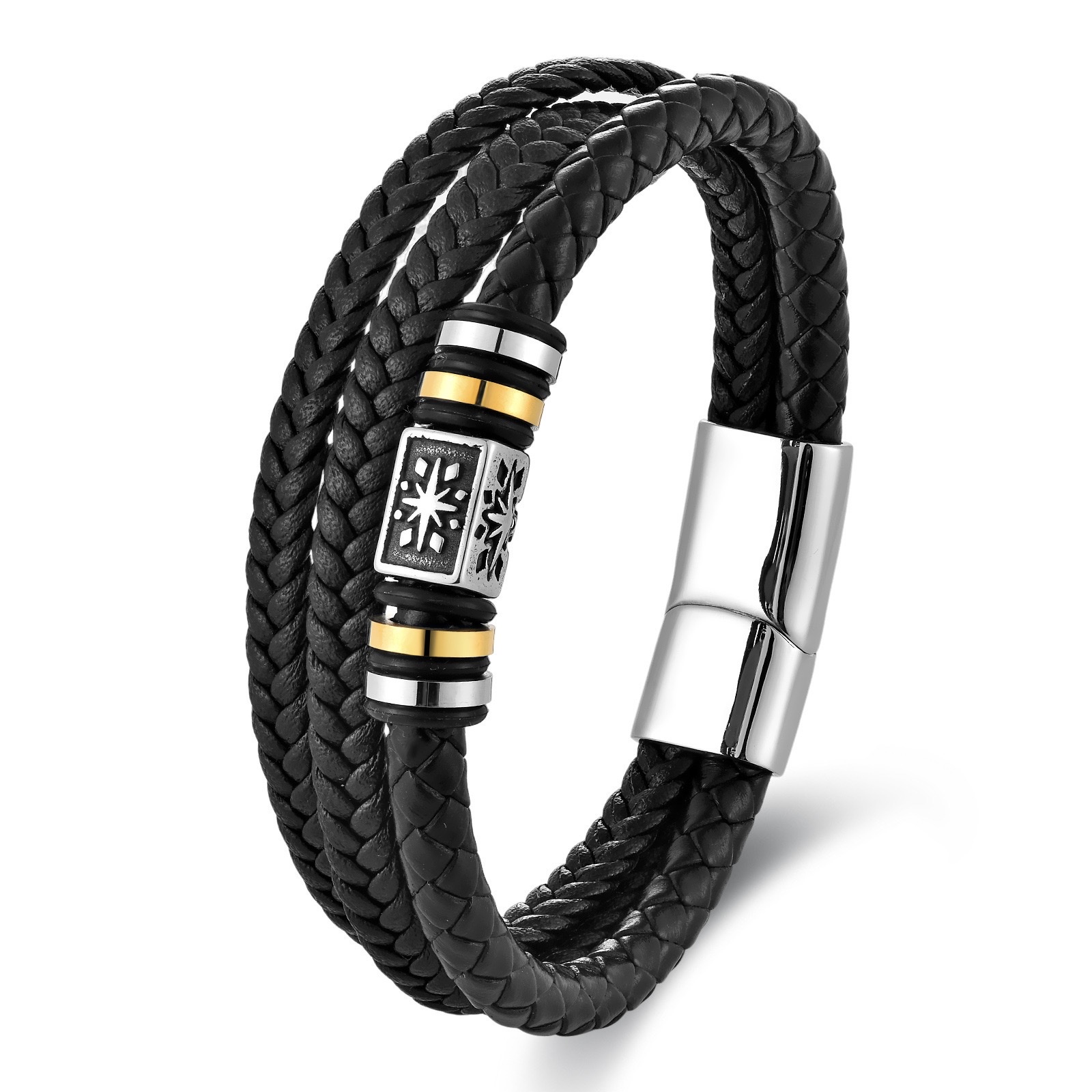 Cross-border new leather rope bracelet, European and American magnetic buckle multi-layer leather woven bracelet accessory, men's jewelry detail image 7