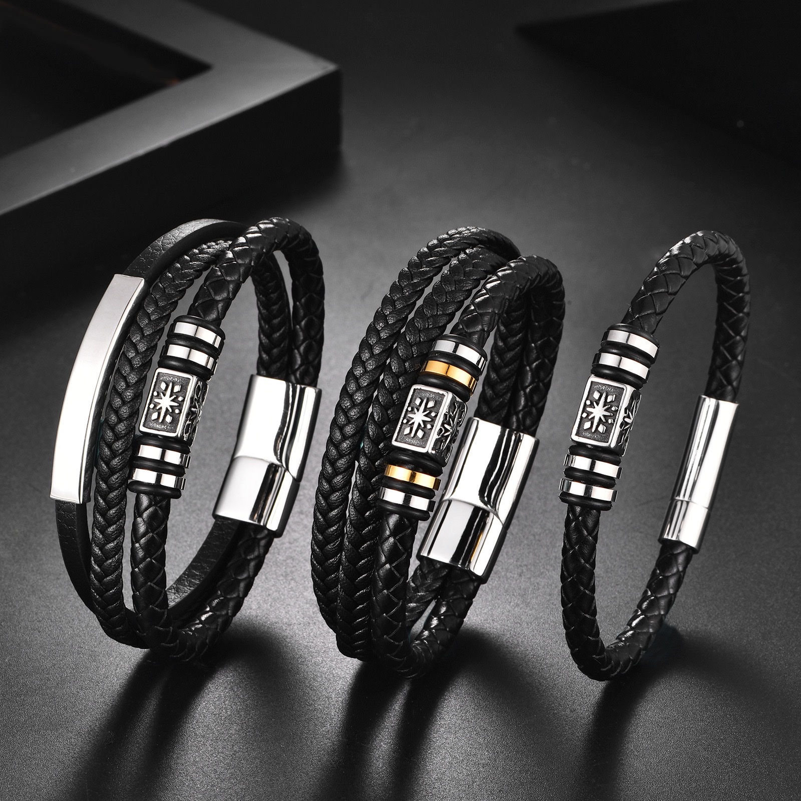 Cross-border new leather rope bracelet, European and American magnetic buckle multi-layer leather woven bracelet accessory, men's jewelry