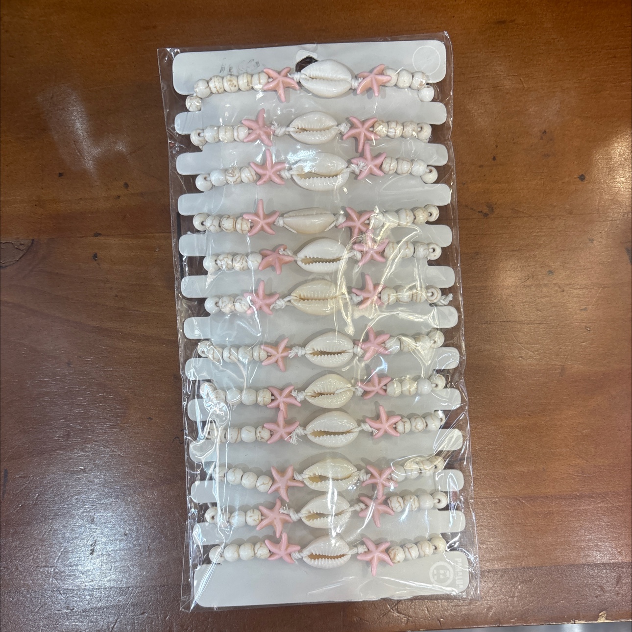 天然贝壳粉色海星白色圆松手链海边沙滩爆款