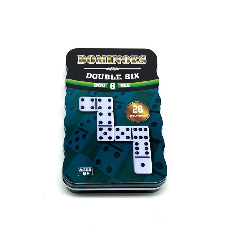 4010 Green Tin Box Green Tin Box Domino Set of 28 double 6 Black Dot Dominoes details Picture