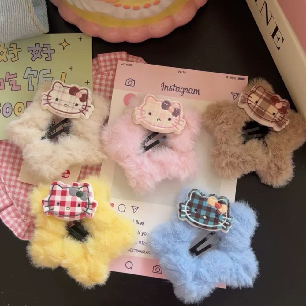 Autumn and winter fluffy kt checkered five-pointed star BB girl cartoon hair clip, sweet star hair accessory headwear