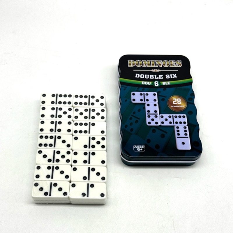 4010 Green Tin Box Green Tin Box Domino Set of 28 double 6 Black Dot Dominoes Item Picture