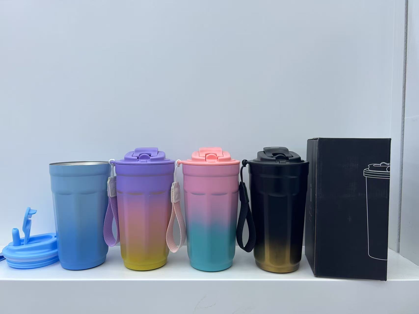 渐变多彩咖啡杯，手提绳方便携带，双饮任你选择