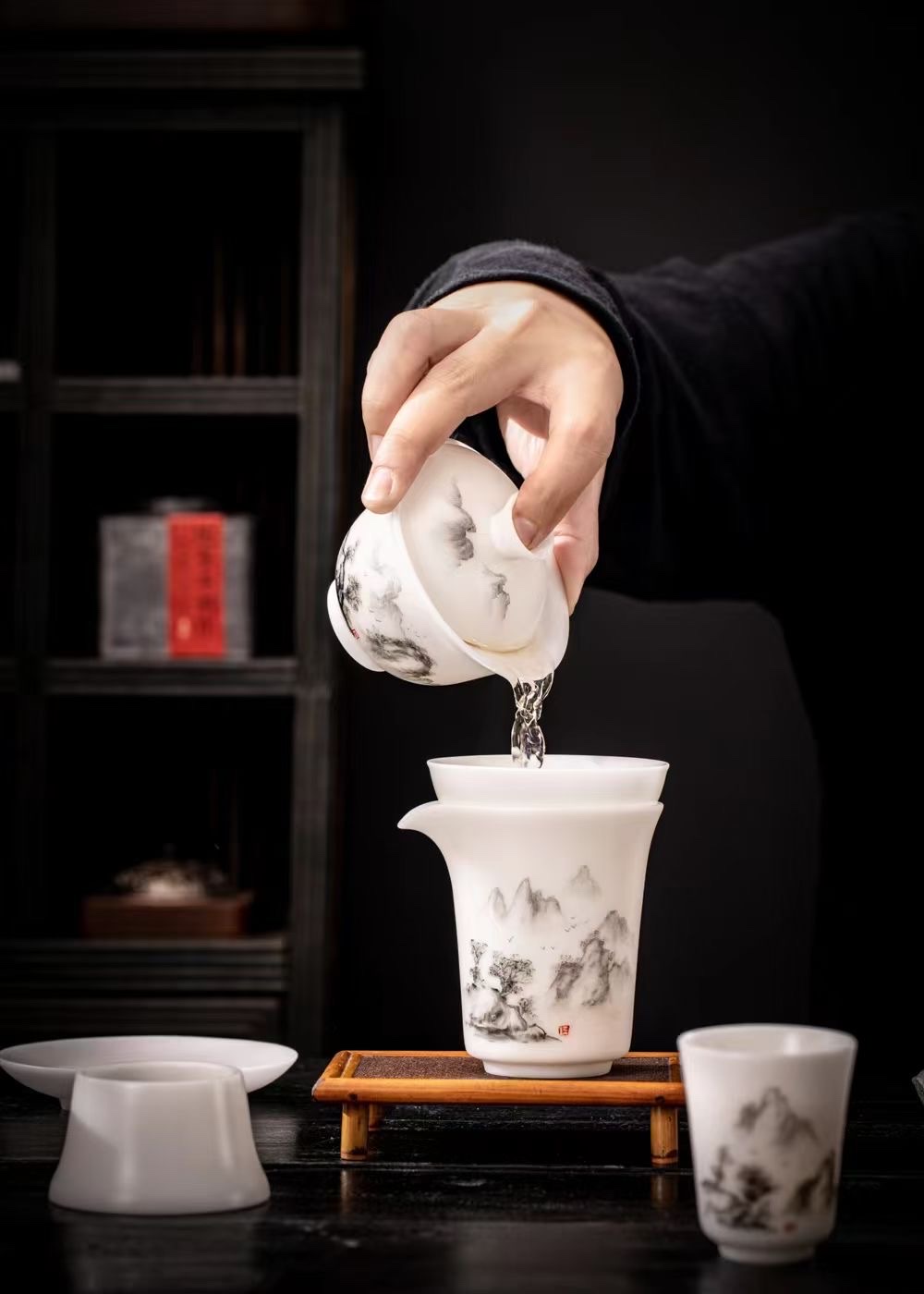 Ice-type jade porcelain ceramic hand-painted tea set, Tao Li family, red pine craftsmanship detail image 3