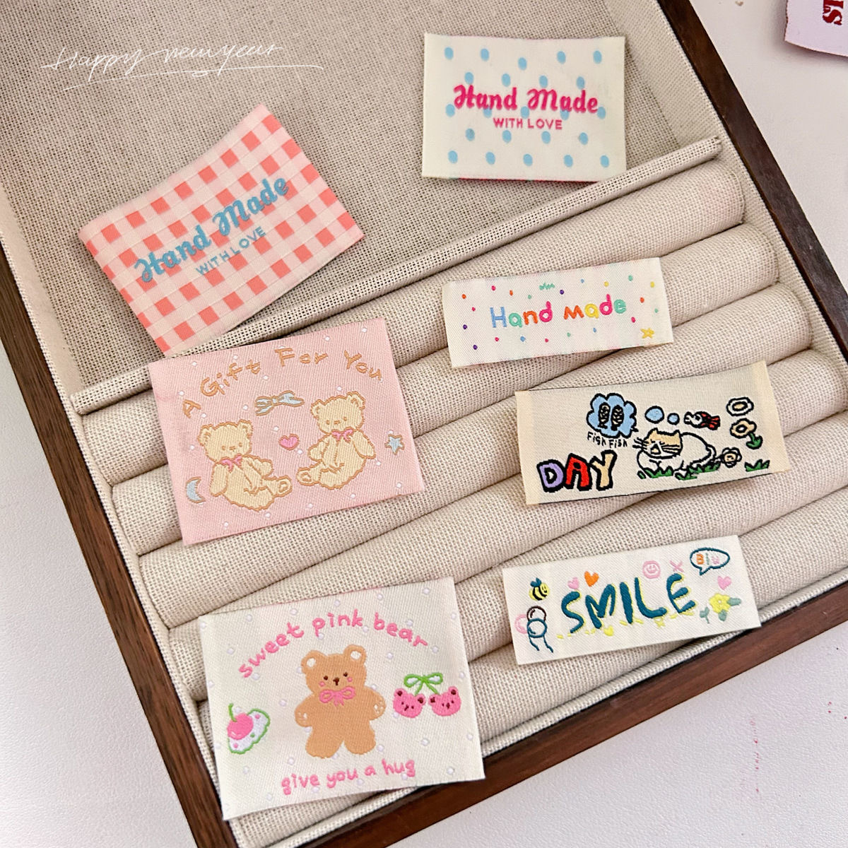 Korean in-stock versatile fabric label colorful polka dot checkered bear clothes collar label bag fabric label details Picture