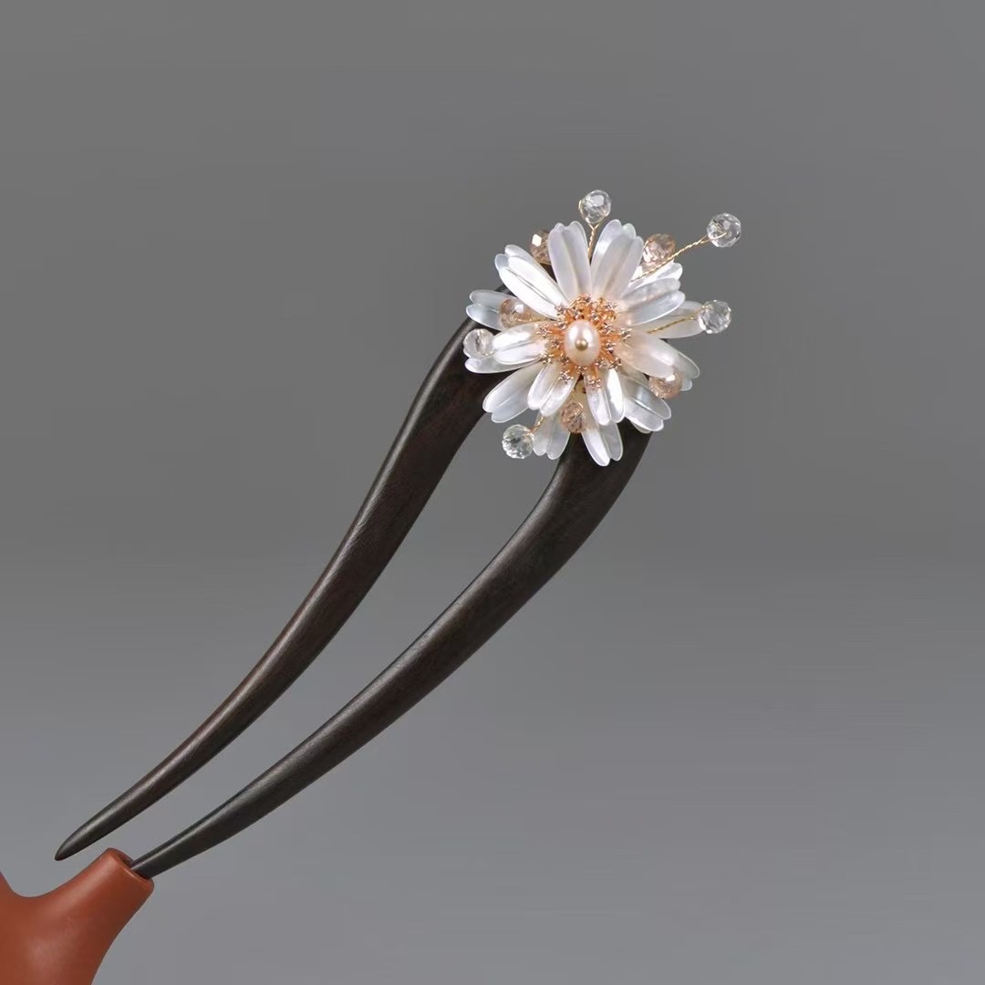 国潮发簪，紫光檀木，深海天然叠贝