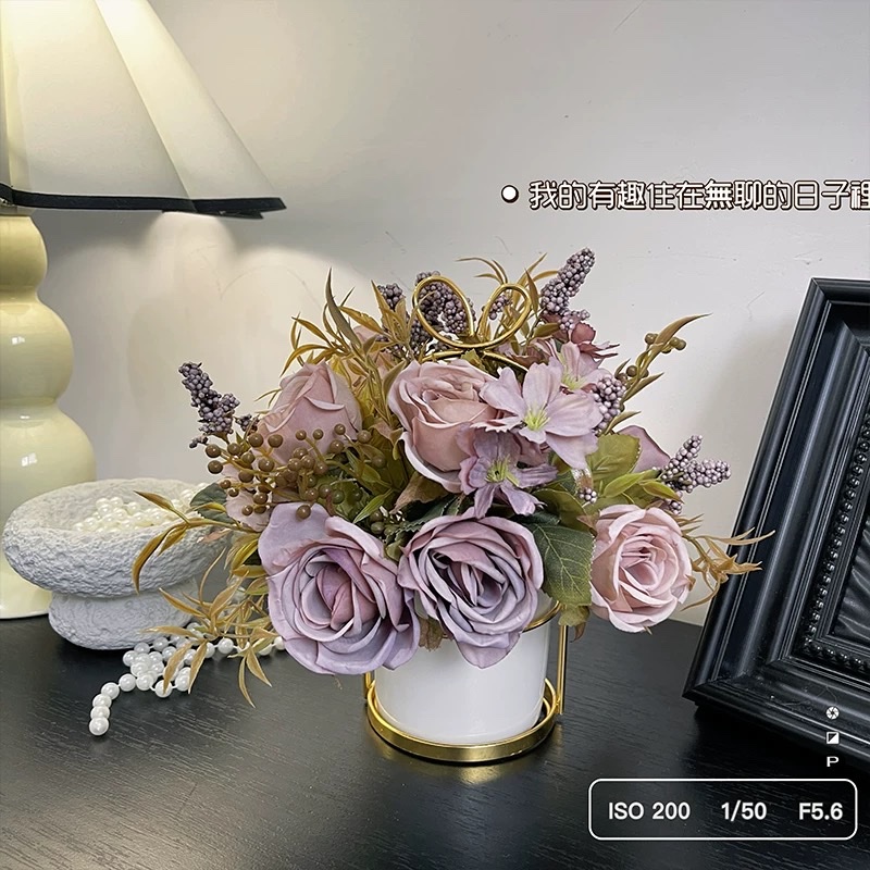 复古秋色玫瑰美拉德仿真花摆件轻奢假花餐桌客厅小盆栽卧室装饰品仿真花花瓣5CM仿真花高端pu假花详情图9