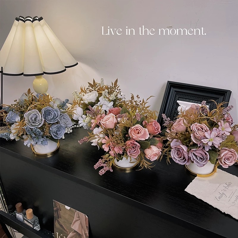 复古秋色玫瑰美拉德仿真花摆件轻奢假花餐桌客厅小盆栽卧室装饰品仿真花花瓣5CM仿真花高端pu假花