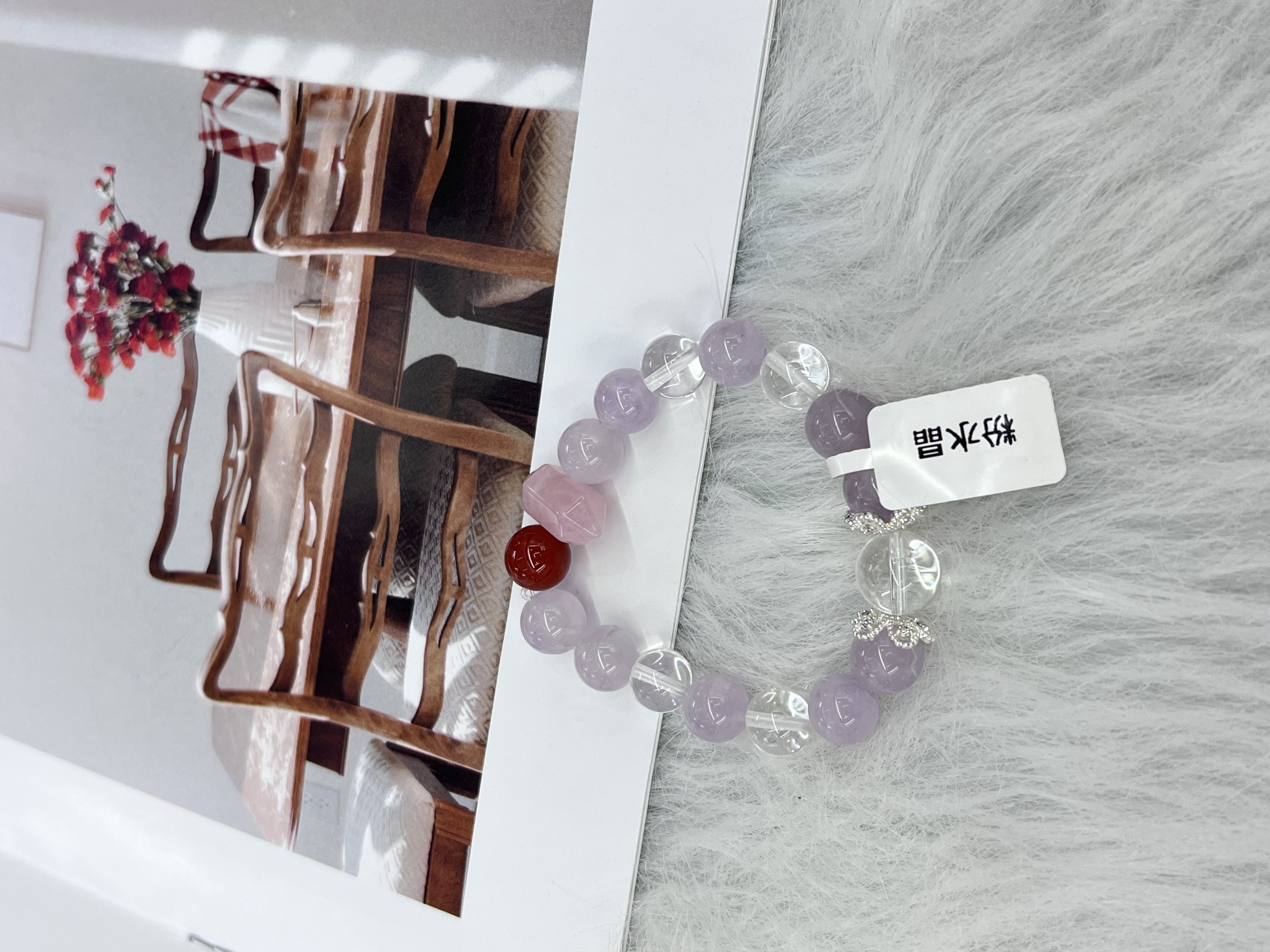 Natural white crystal lavender bracelet, rose stone, peach s925 silver