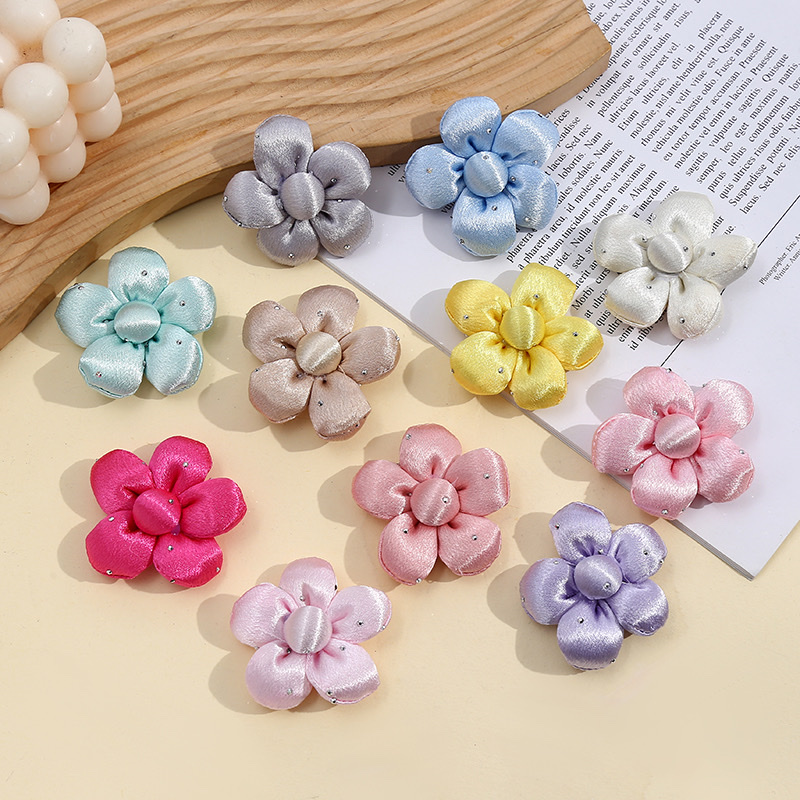 Wholesale of new diamond-encrusted shiny silk fabric cotton-filled five-petal flower phone cases, bags, pendants, accessories, hair clips and hair bands