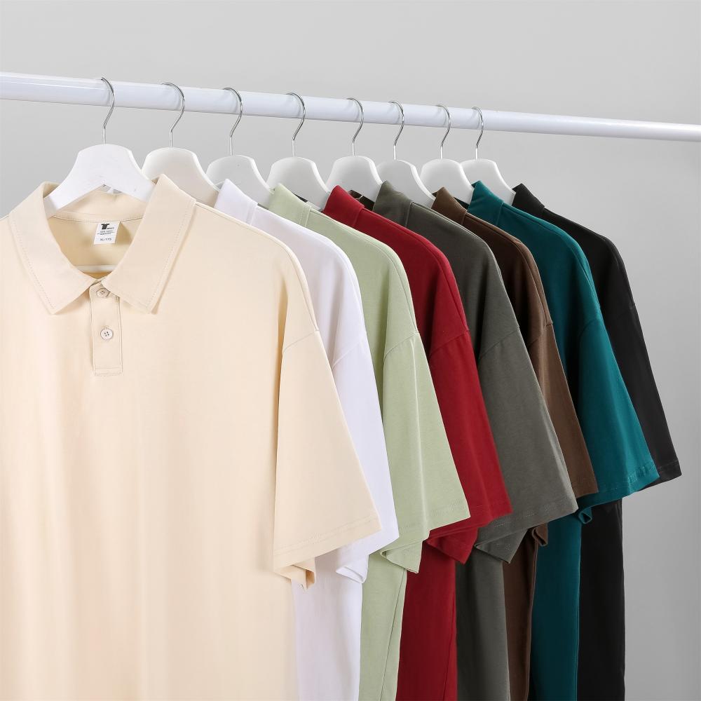 Cross-border 240 pure cotton heavyweight drop shoulder lapel short-sleeved polo, new short-sleeved lapel polo for both men and women, fashionable and casual, simple and comfortable, short-sleeved trend detail image 1