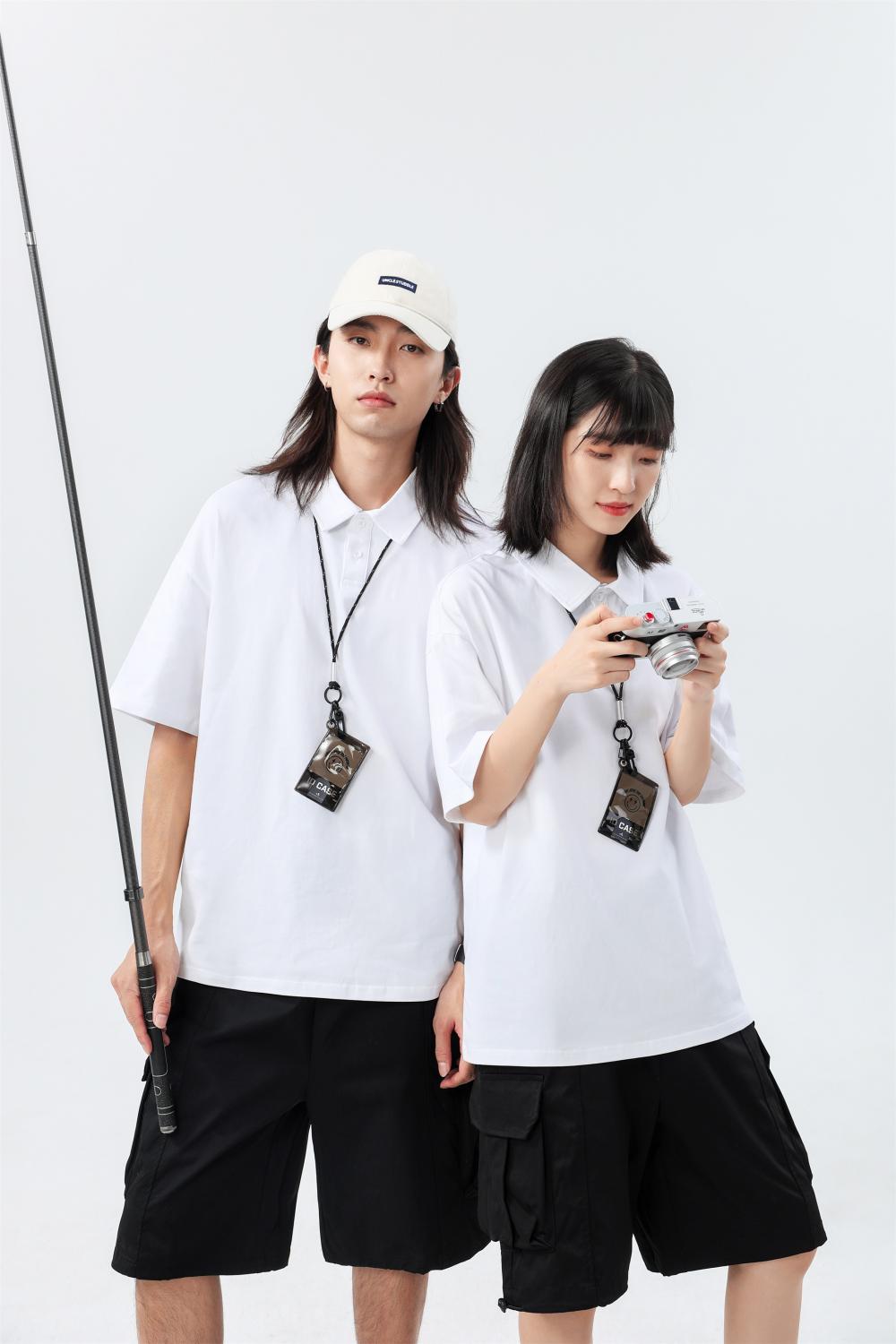 Cross-border 240 pure cotton heavyweight drop shoulder lapel short-sleeved polo, new short-sleeved lapel polo for both men and women, fashionable and casual, simple and comfortable, short-sleeved trend Specification image